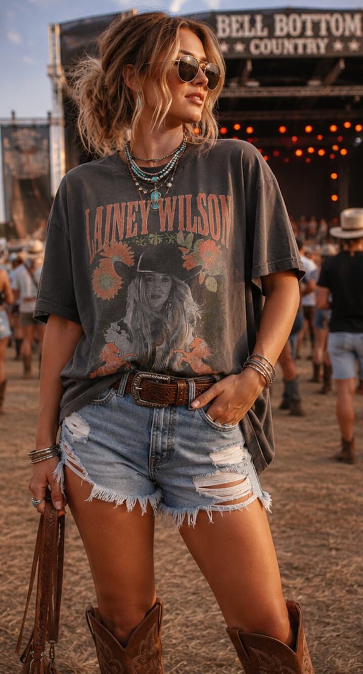Lainey Wilson Bell Bottom Country Tour Graphic XL Western Cowgirl Boho T Shirt